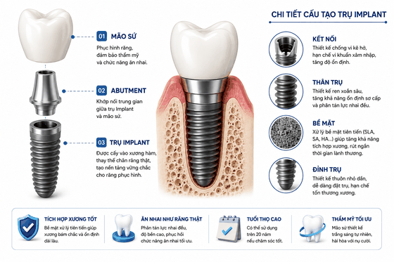 Sơ đồ chi tiết cấu tạo của một trụ Implant
